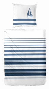 Hahn Renforcé Baumwoll Bettwäsche Streifen Möwen Weiss Blau 155x220 cm + 80x80 cm