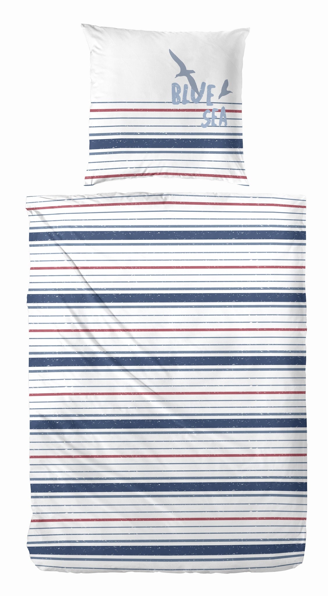 Hahn Perkal Baumwoll Bettwäsche Streifen Schriftzug Weiss Blau Rot