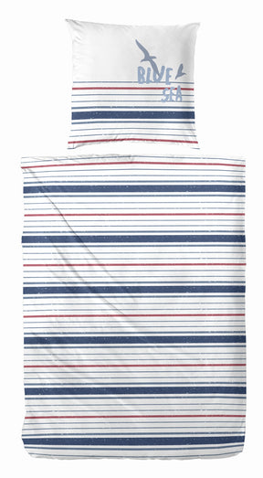 Hahn Perkal Baumwoll Bettwäsche Streifen Schriftzug Weiss Blau Rot