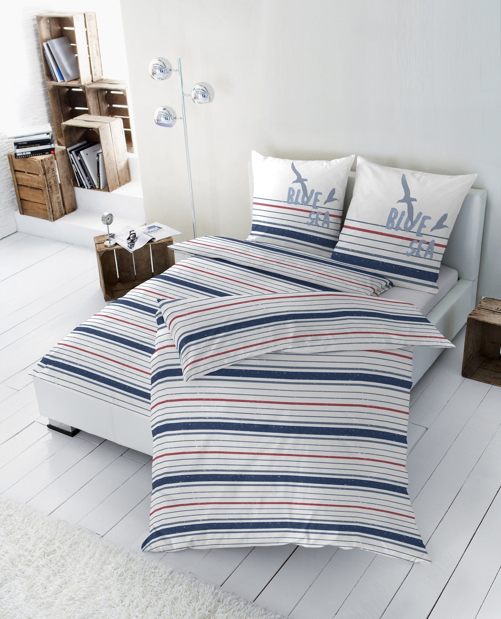 Hahn Perkal Baumwoll Bettwäsche Streifen Schriftzug Weiss Blau Rot