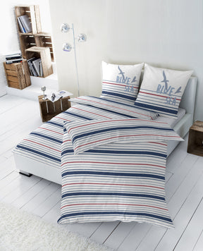 Hahn Perkal Baumwoll Bettwäsche Streifen Schriftzug Weiss Blau Rot