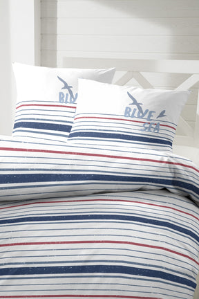 Hahn Perkal Baumwoll Bettwäsche Streifen Schriftzug Weiss Blau Rot