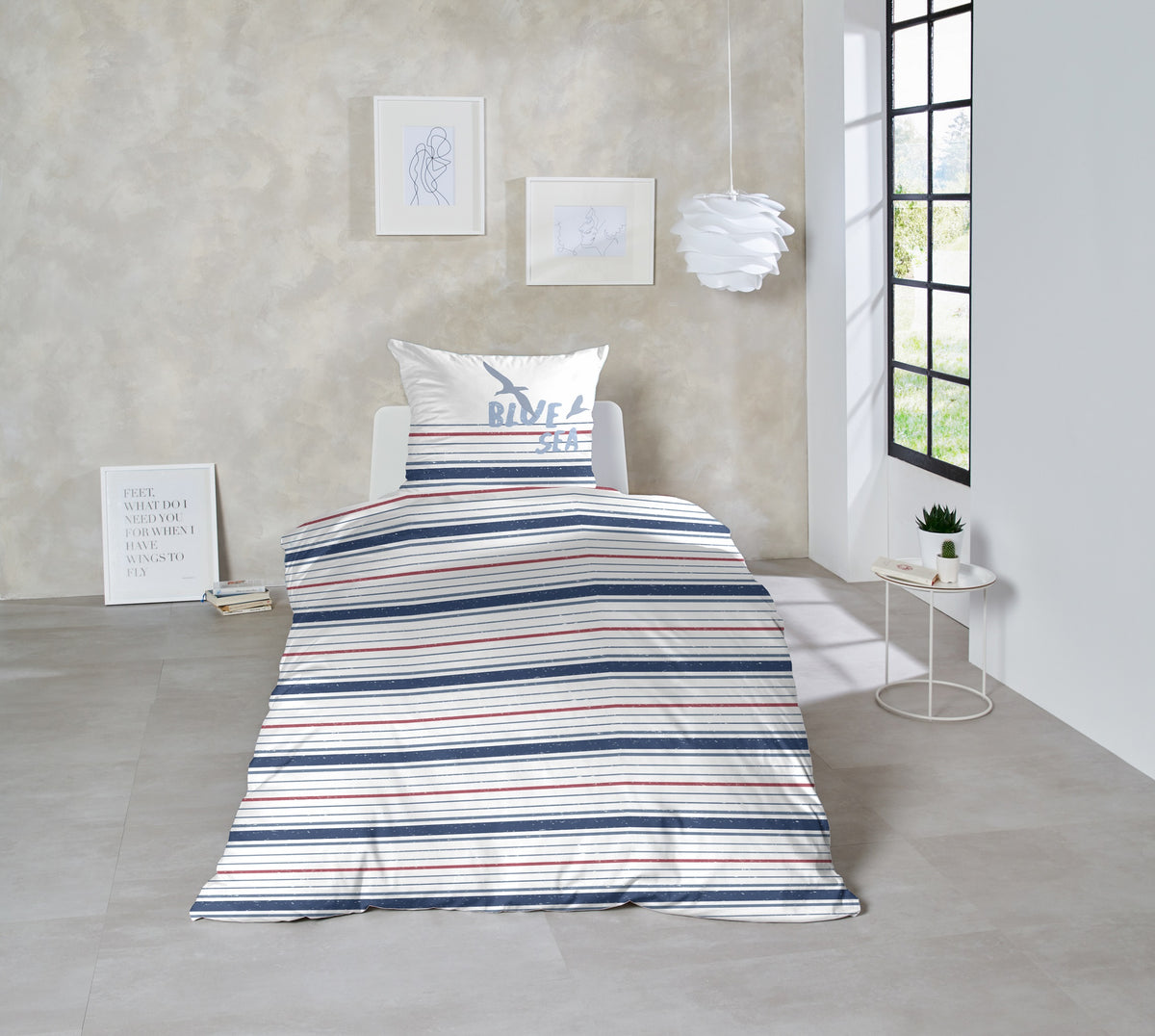 Hahn Perkal Baumwoll Bettwäsche Streifen Schriftzug Weiss Blau Rot