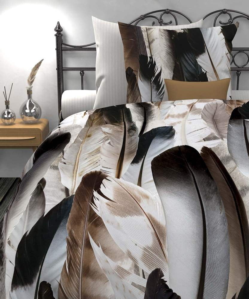 HnL Satin Wende Bettwäsche Federn Raaf Natur 135x200 cm + 80x80 cm