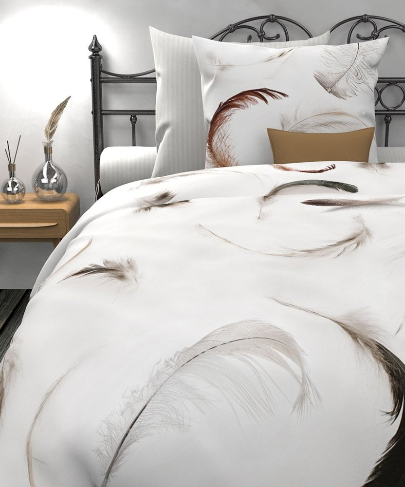 HnL Satin Wende Bettwäsche Federn Raaf Natur 135x200 cm + 80x80 cm
