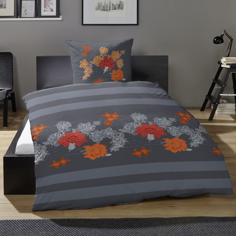 Hahn Edelflanell Bettwäsche Grau Blumen Streifen 135x200 cm + 80x80 cm