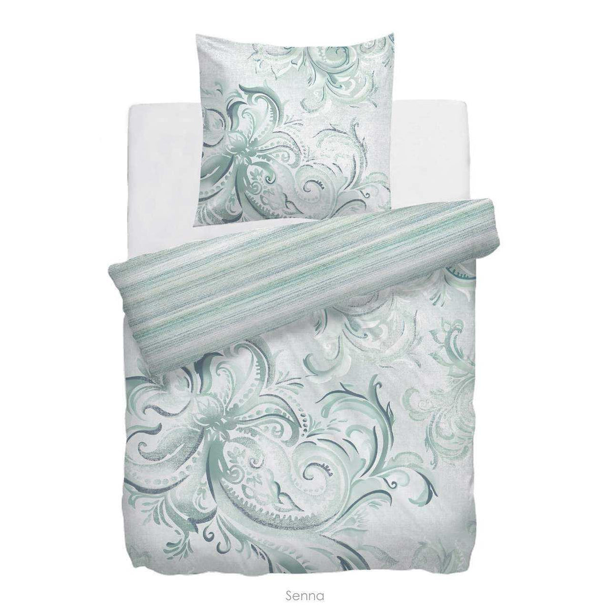 HnL Satin Wende Bettwäsche Gestreift Blume Grün Refined Senna 135x200 cm