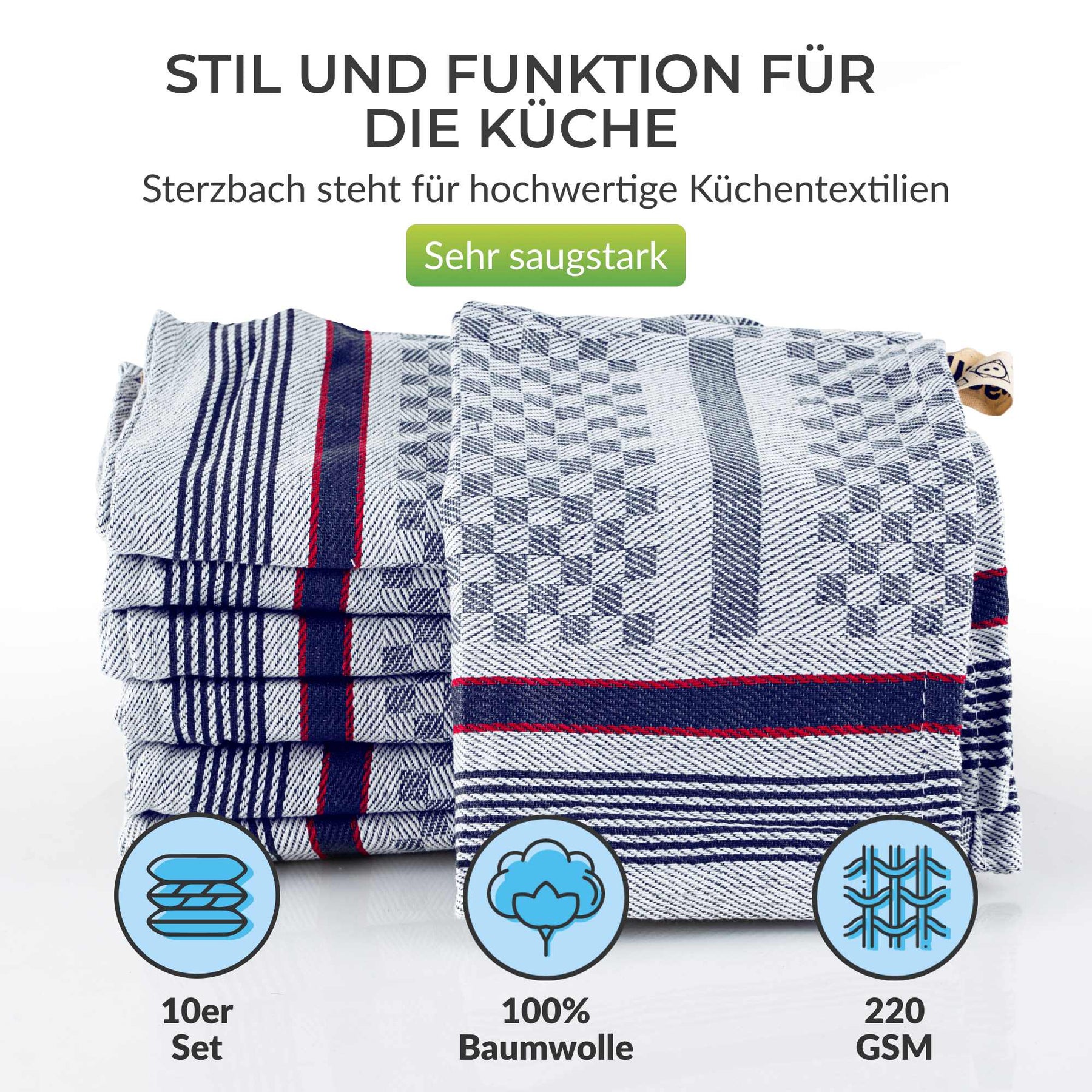 Sterzbachs 10er Set Grubentuch Pro Geschirrtücher Baumwolle Kariert 220 GSM