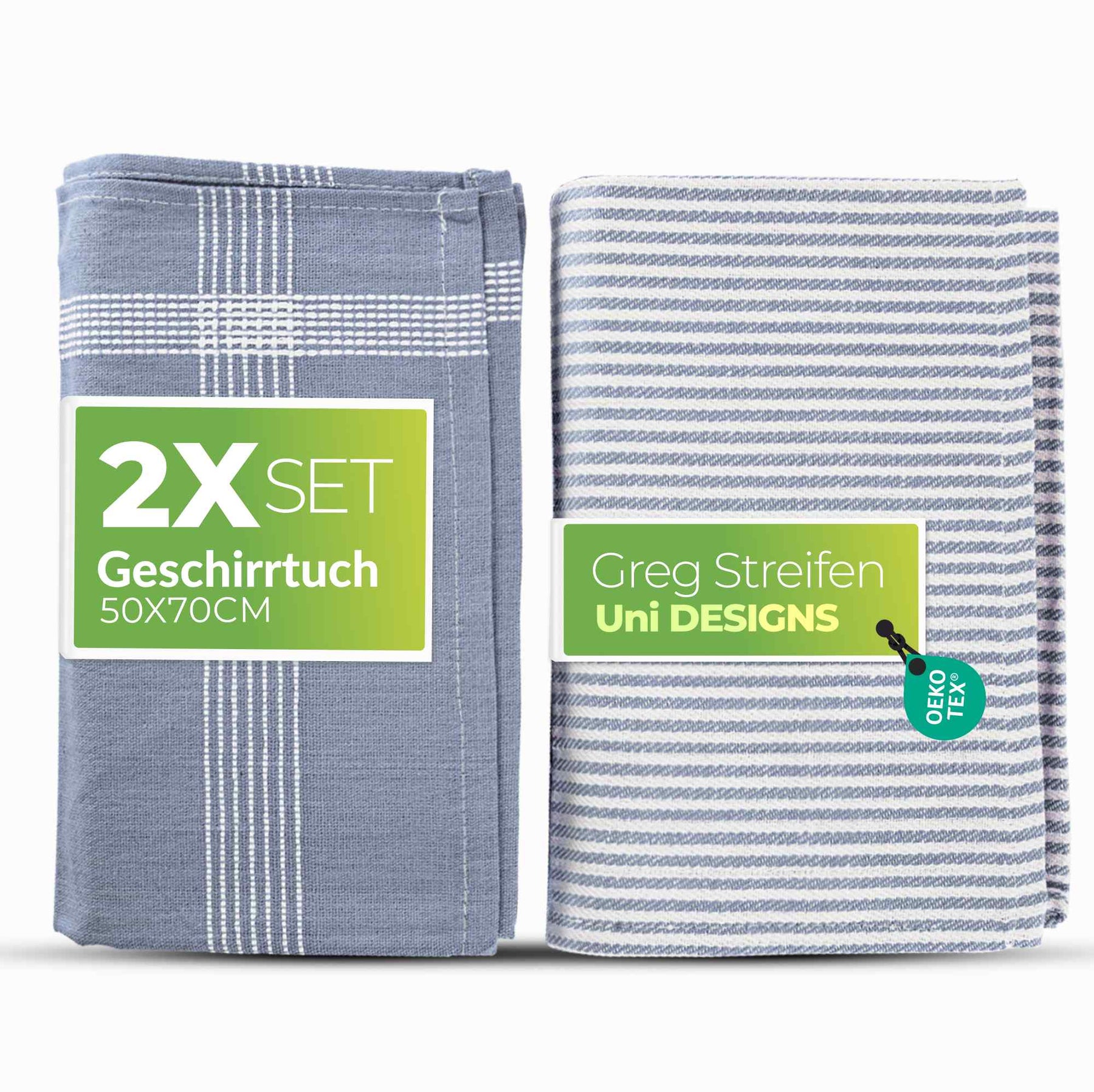 Sterzbachs 2er Set Geschirrtücher Baumwolle Design Streifen Uni 240 GSM 50x70 cm Blau