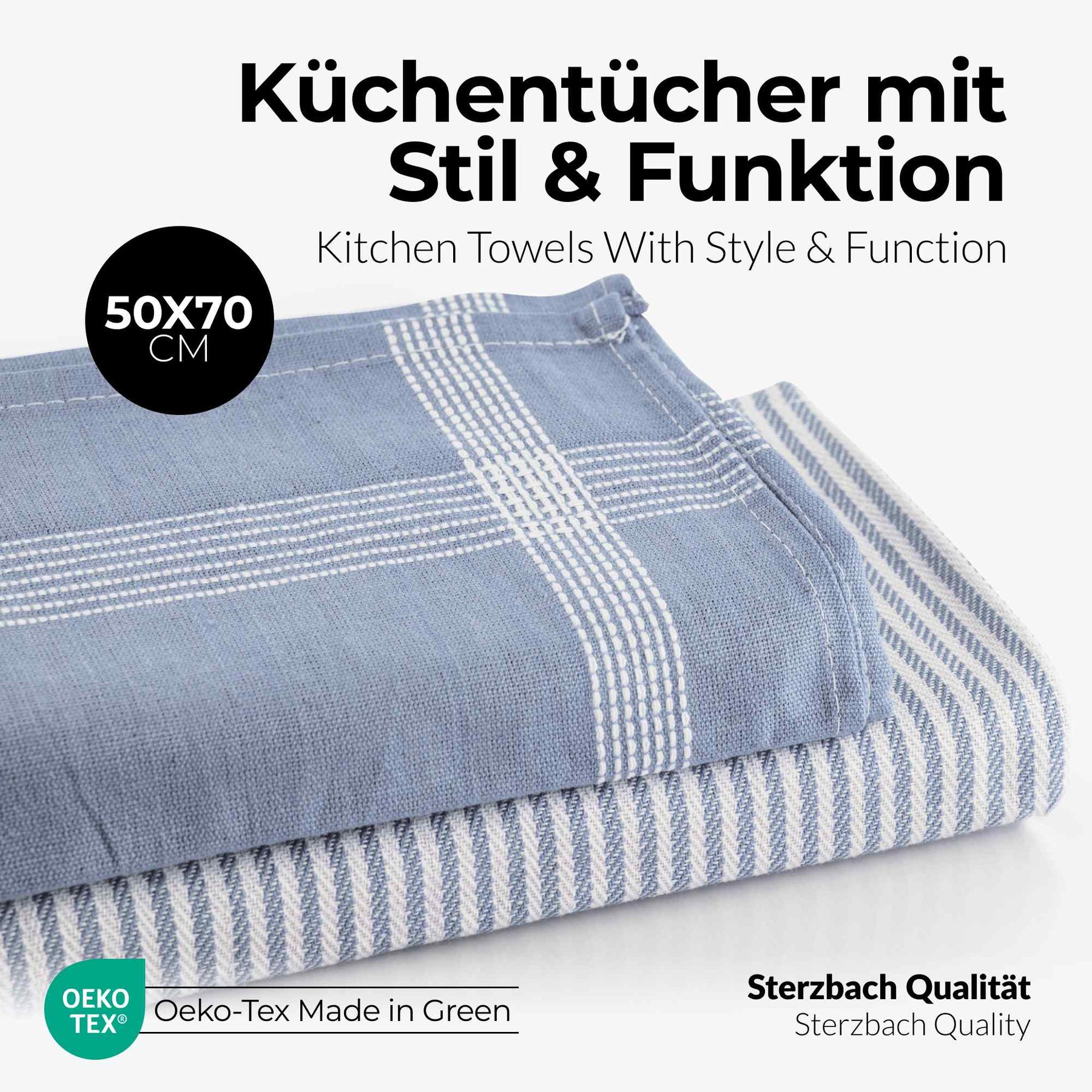 Sterzbachs 2er Set Geschirrtücher Baumwolle Design Streifen Uni 240 GSM 50x70 cm Blau