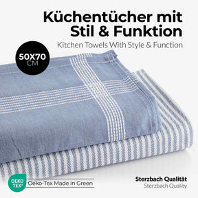 Sterzbachs 2er Set Geschirrtücher Baumwolle Design Streifen Uni 240 GSM 50x70 cm Blau